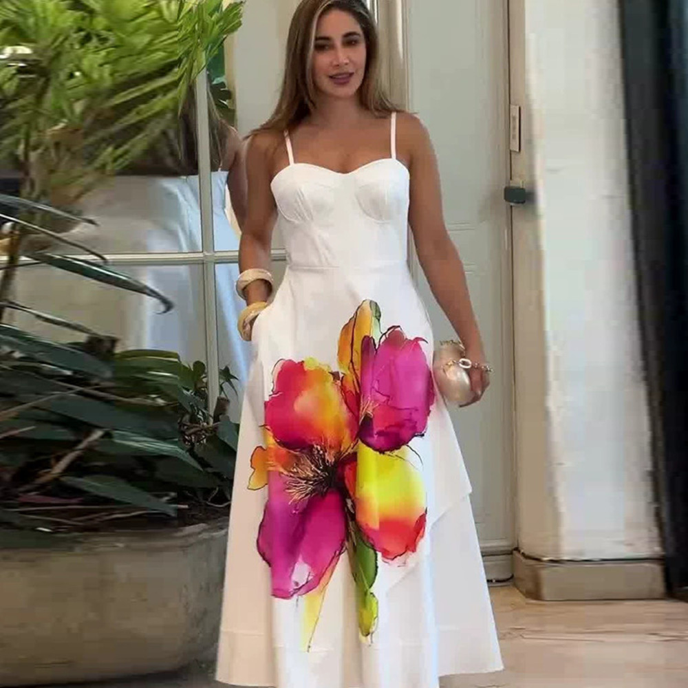 Forever 21 Chic White Print Spaghetti Strap Waist Tie Maxi Dress